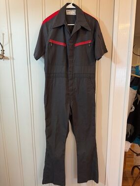 Vintage Women’s Work Coveralls Dark Gray Red Accents Small Jumpsuit